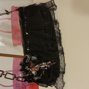 Mary Frances Black Ruffle Beaded Butterfly Accent Purse Bag Clutch So Unique!!